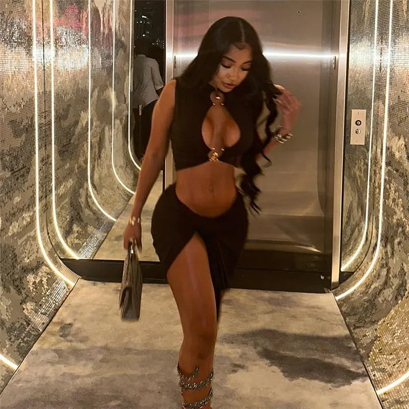 Sleeveless Hollow High Waist Sheath Lace-up Skirt Suit - Millzgotswaggshop