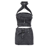 Backless Denim Vest & Skirt Set - Edgy Two-Piece