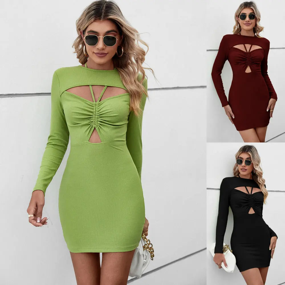 Halter Hollow Bag Short Long Sleeve Dress - Millzgotswaggshop