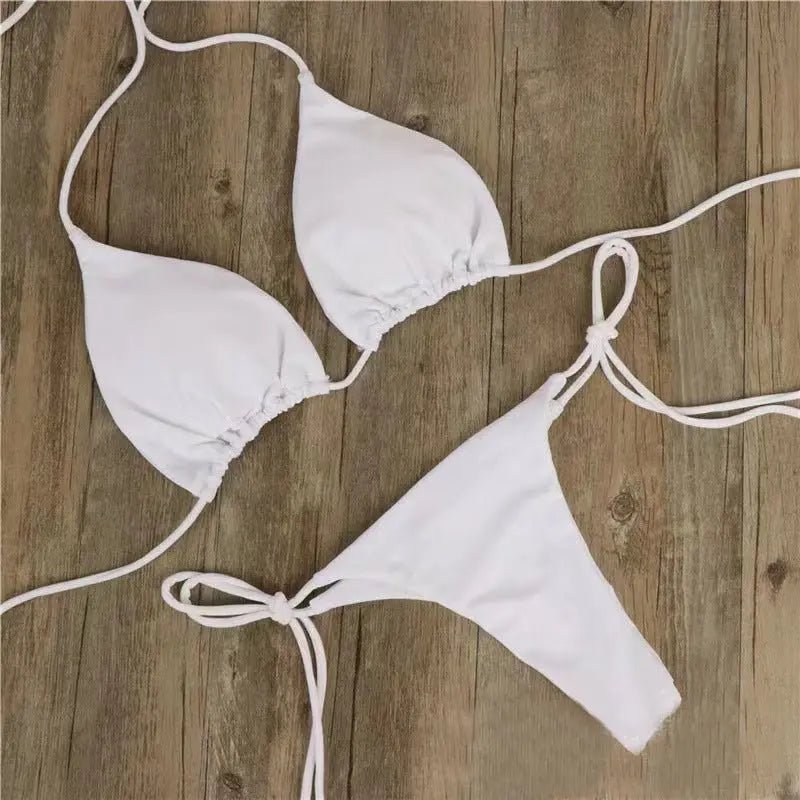 2pcs Halterneck Lace-up Bikini Women Summer Solid Color Sexy Split Strap Adjustable Swimsuit Suit Millzgotswaggshop