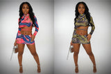 Printed Mesh Long Sleeve & Mini Skirt Set - Y2K Style