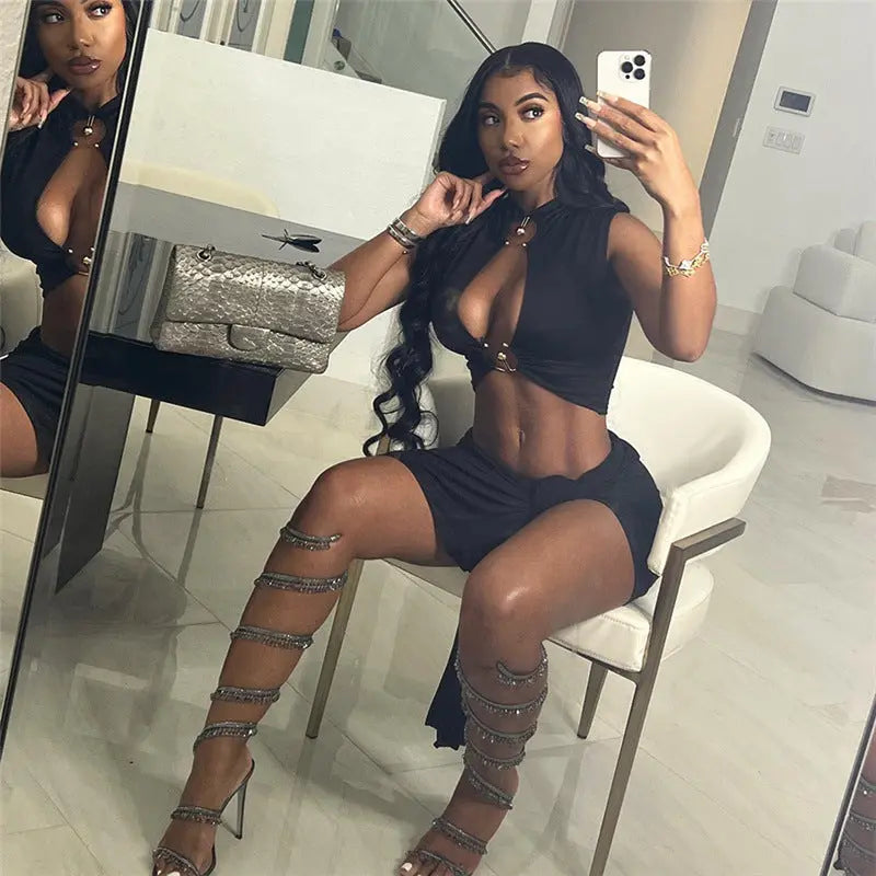 Sleeveless Hollow High Waist Sheath Lace-up Skirt Suit - Millzgotswaggshop